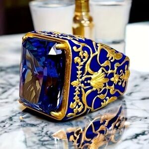 New men’s luxury square blue sapphire ring size 10 jewelry blue gold floral